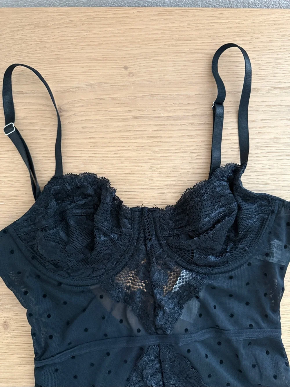 NWT Forever 21 Black Lace & Mesh Polka Dot Bodysuit